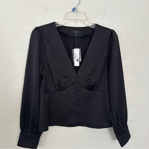 NWT J Crew Deep V Neck Button Front Satin Backed Crepe Black Top 4 - Picture 3 of 7
